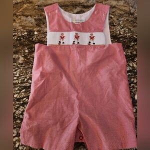 Pink Smocked Shortall Romper with Embroidered Boys
